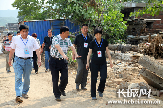 工作组实地察看灾区受损情况。河北省红十字会供图