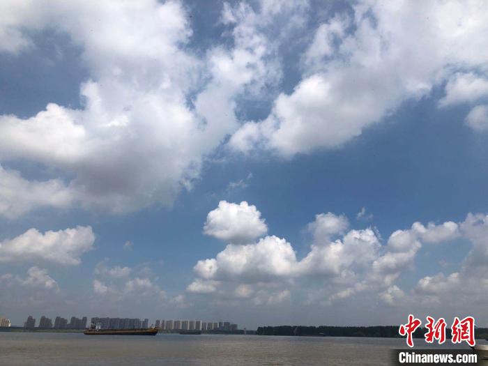 5日中午，记者在位于长江南京段的幕燕滨江风光带看到，台风过境后，天空湛蓝，白云卷舒。　朱晓颖 摄